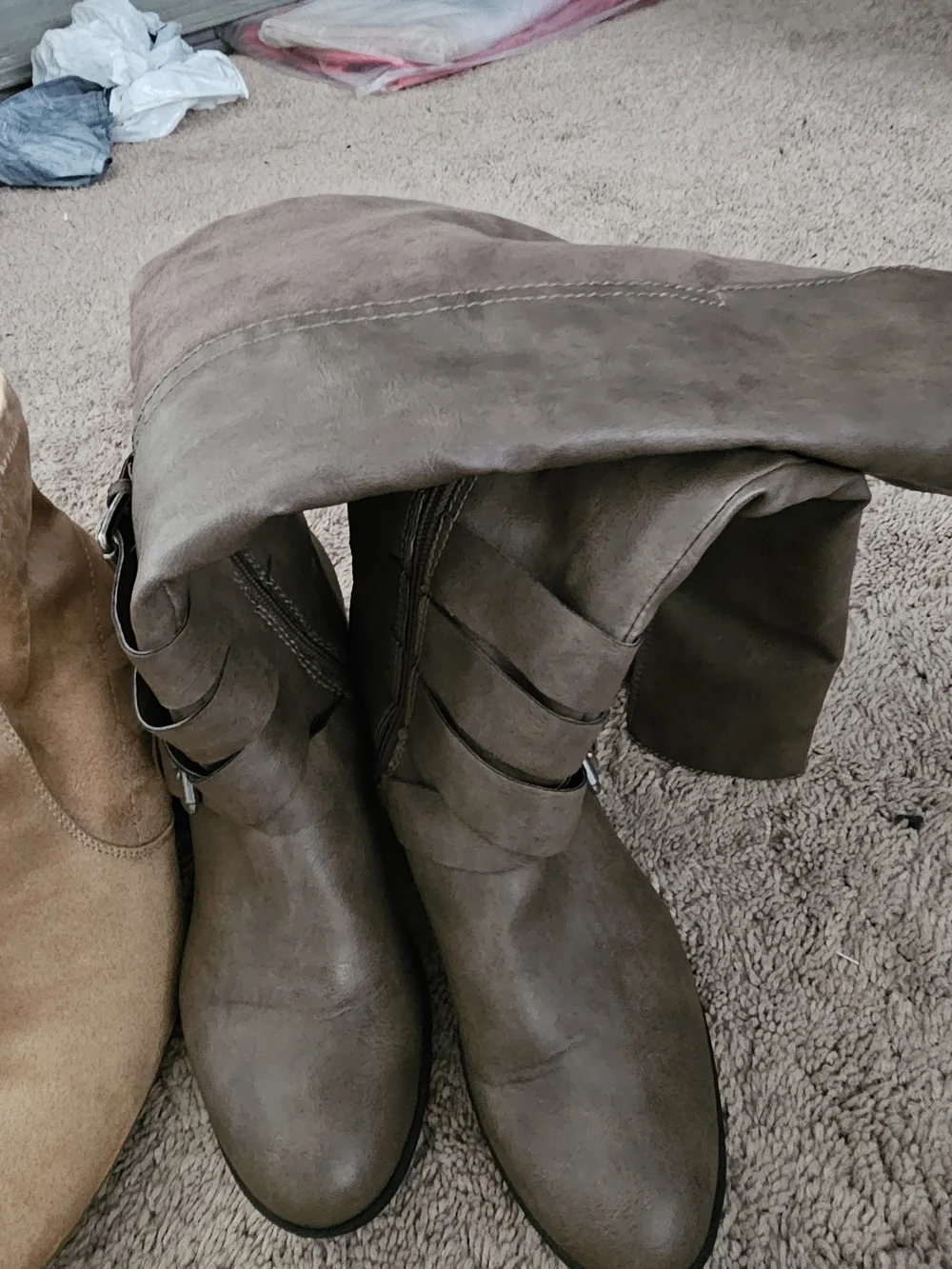 Women's Grey, Tan And Brown Suede Ankle Boots W/ Buckle Detail.